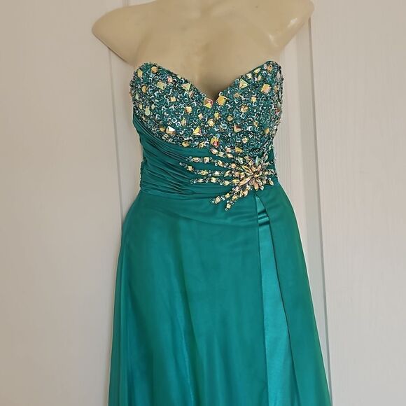 Rianna Couture Ladies Beaded Chiffon Strapless Dress Size 2 Emerald Green - Picture 2 of 16